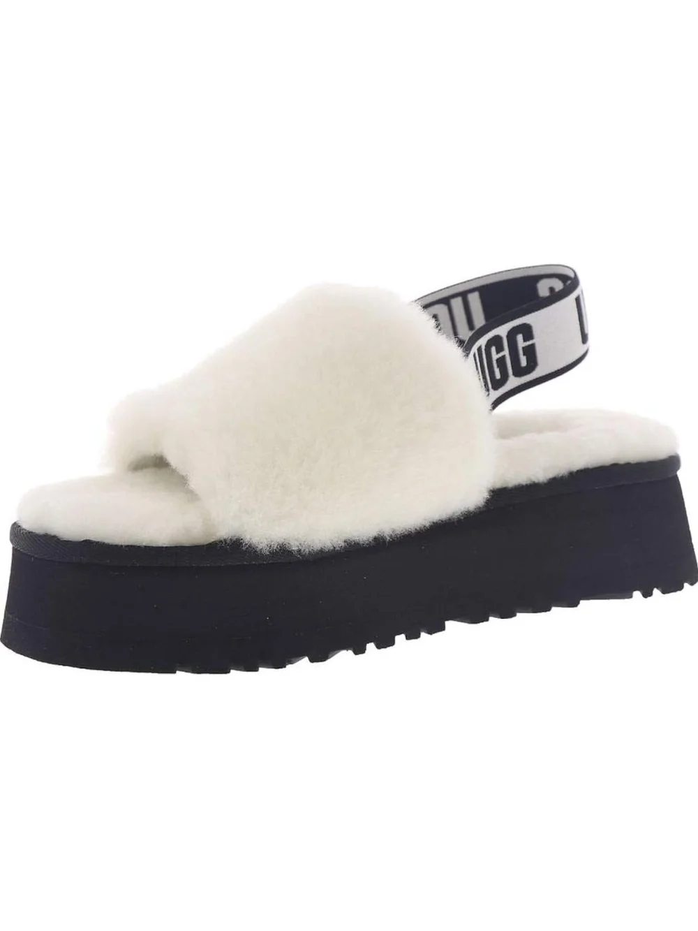 UGG Disco White Fluff Platform Slide Logo Slingback